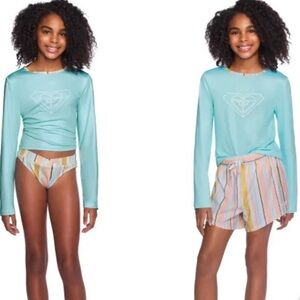 Roxy 3 pc Kids Aqua Rashguard Set with Striped Bottoms girls 18/20